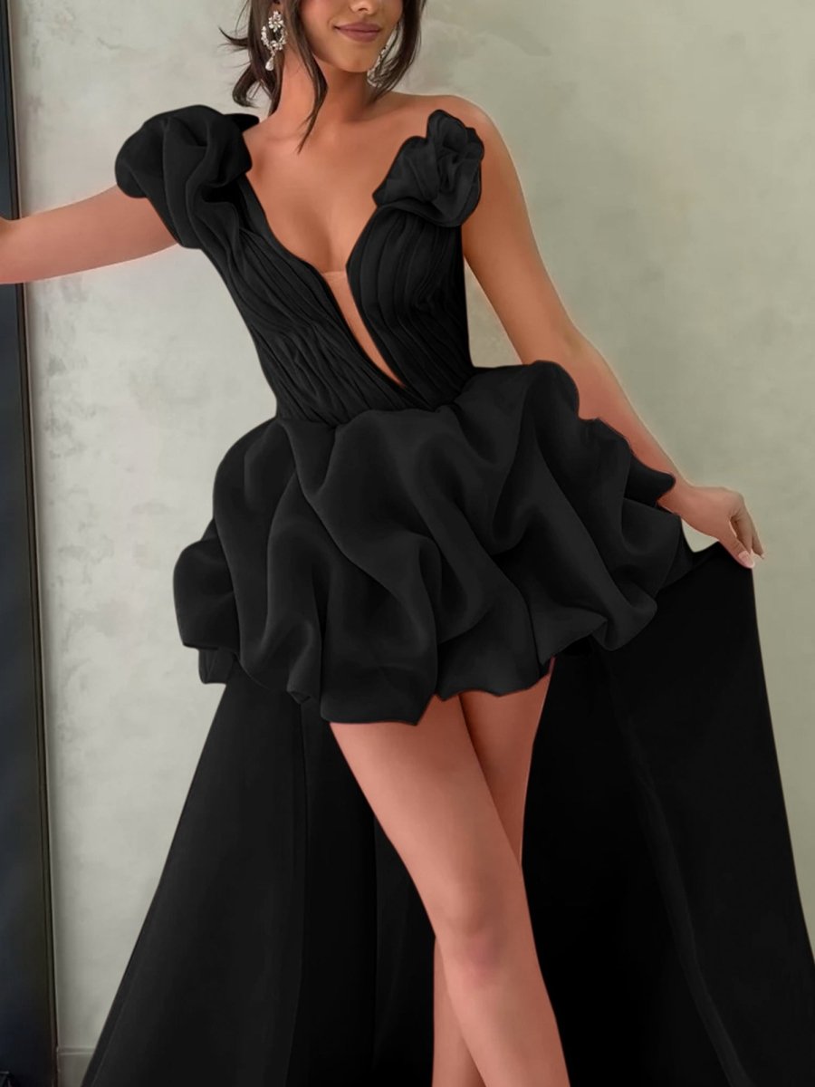 Hot Pink - One Shoulder Organza High Low Homecoming Dress With Ruffles